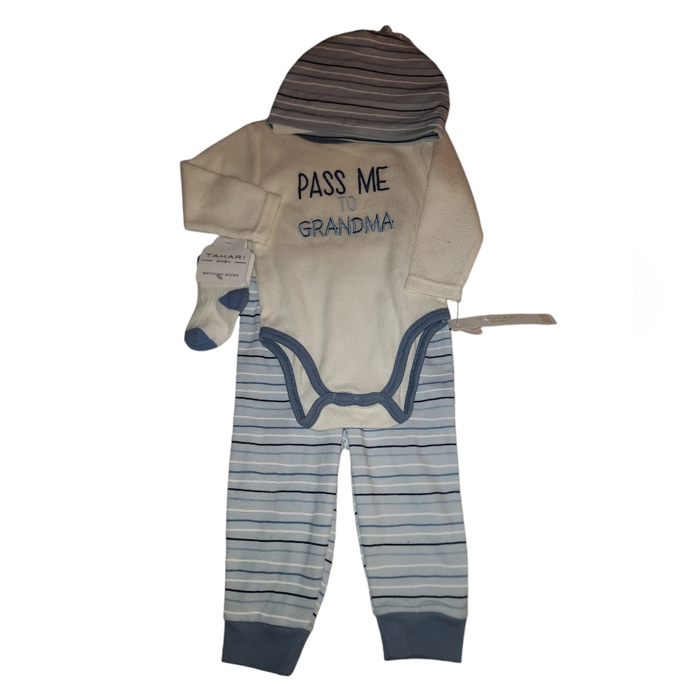 Tahari- NWT- 6/9M- 4 piece set- long sleeve- hat and socks